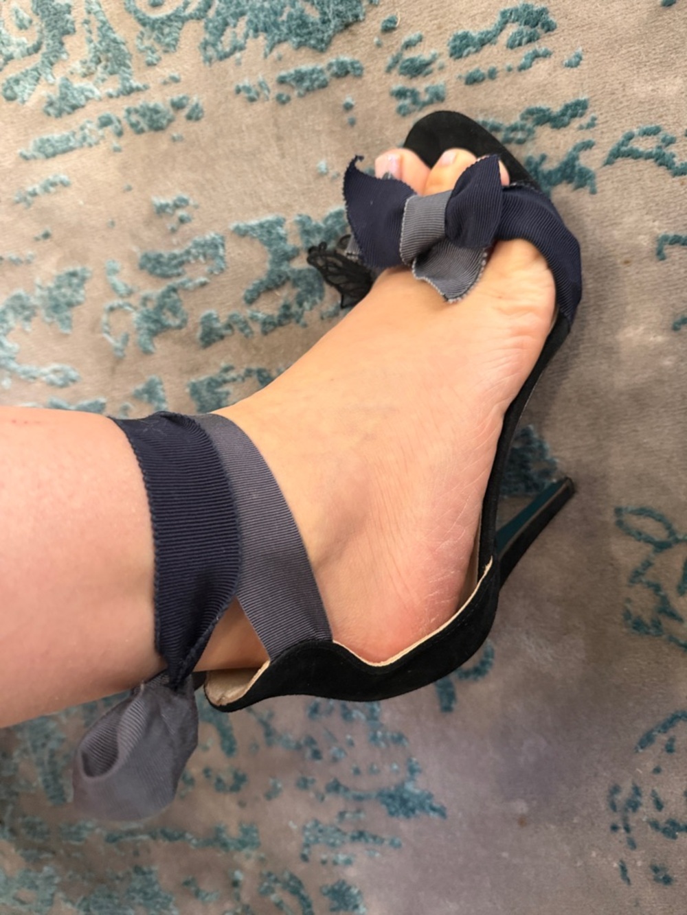 Patrizia Pepe Black Suede Heels with Navy Bow Ankle Tie